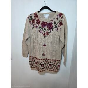 Vintage Hand Knit Floral Embroidered Cottagecore Sweater Women's L Cabincore